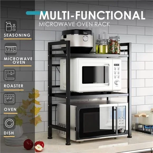 3 Tier Microwave Oven Rack Expandable Carbon Steel with 3 Hooks